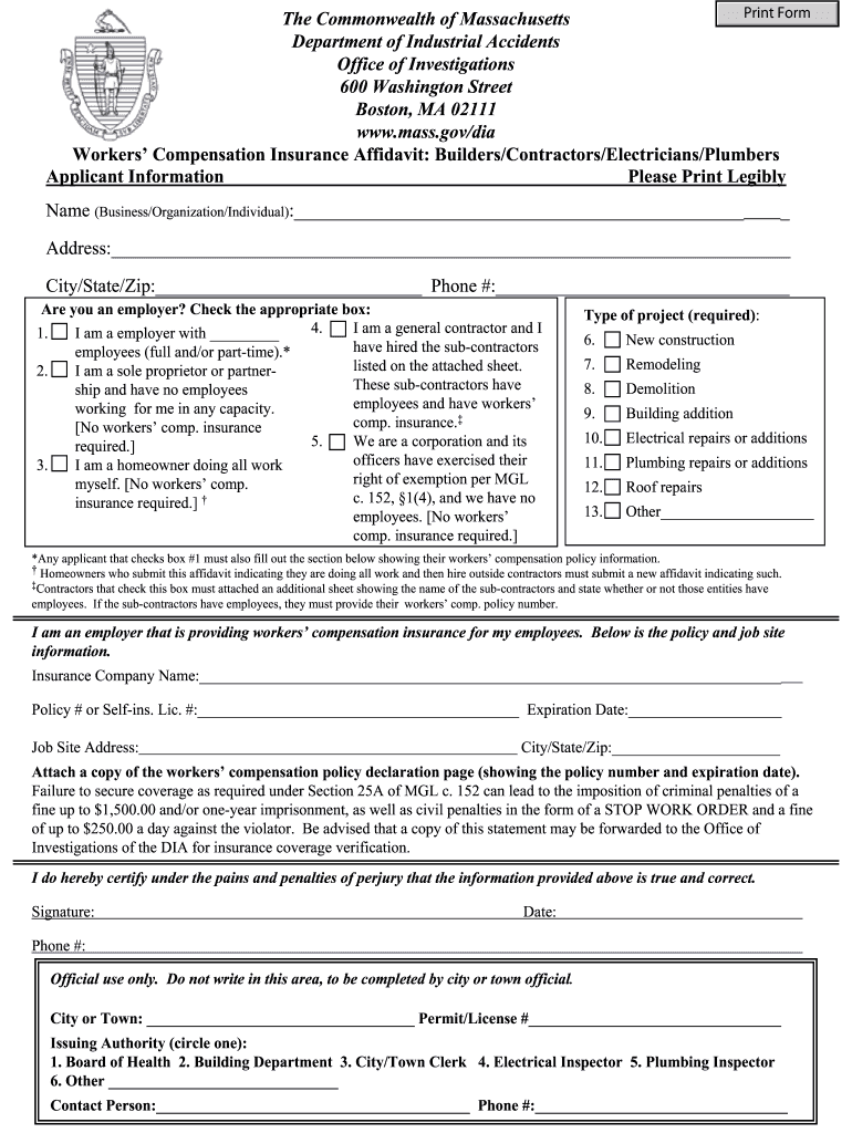  Massachusetts Workers Comp Affidavit Fillable Form 2007