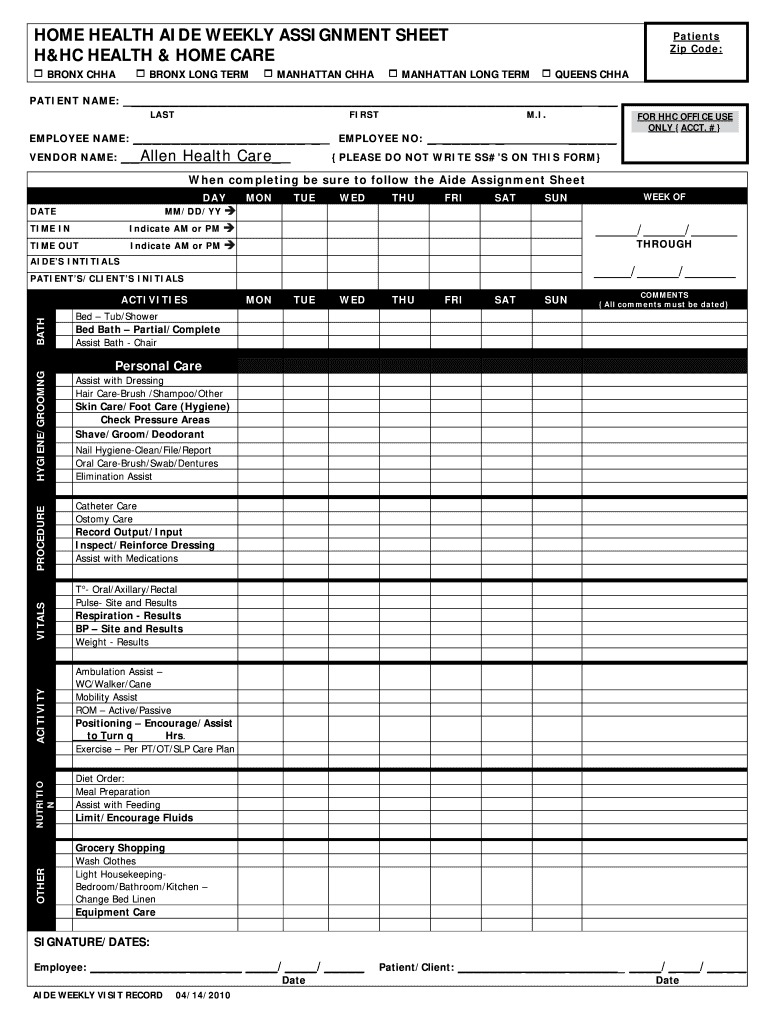 Cna Daily Assignment Sheets  Form