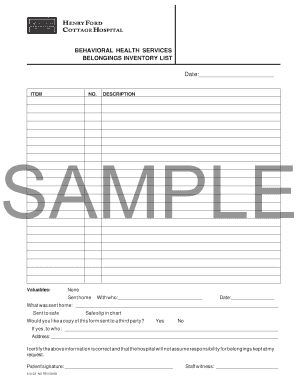 BELONGINGS INVENTORY LIST BEHAVIORAL HEALTH SERVICES Hfhs Formslibrary