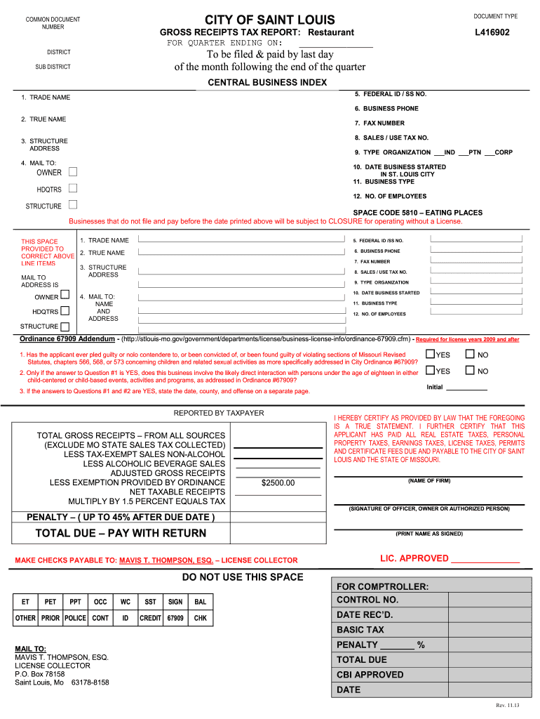 Restaurant Tax Report City of St Louis, MO  Form
