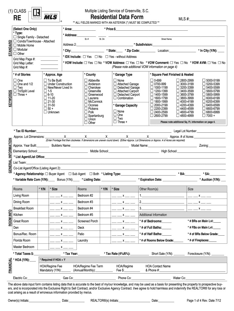 Residential Data Form South Carolina Home Corporation