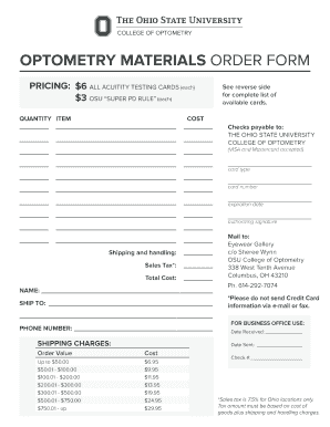 Optometry Materials Order Form the Ohio State University College