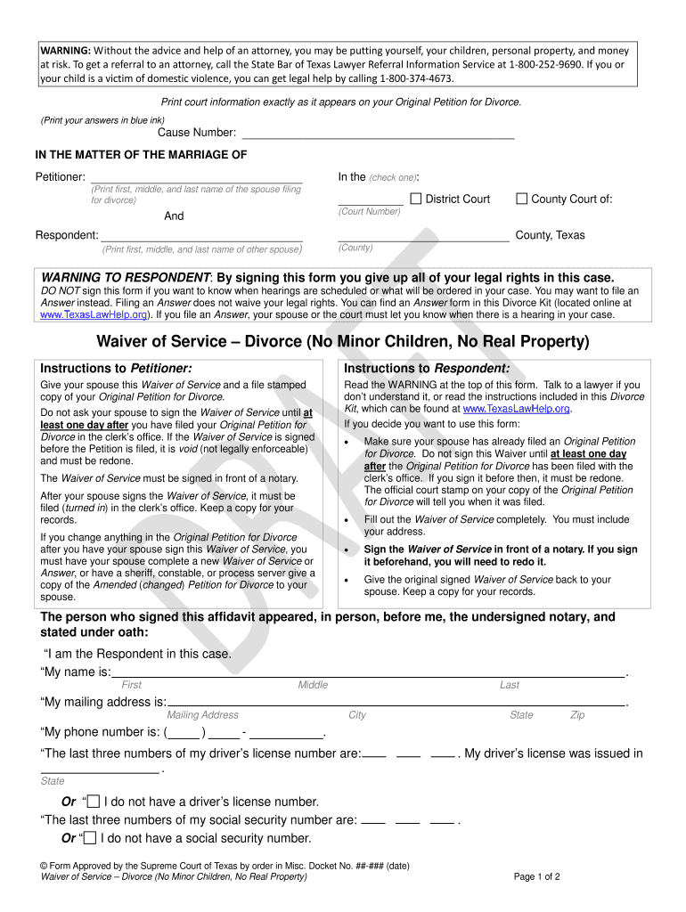 Texas Divorce Waiver Form Waiver for Texas Divorce Without Children  Texasatj