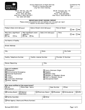 Reportable Event Record Arizona Department of Health Services Azdhs  Form