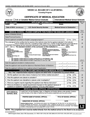 Certificate of Medical Education, Form L2 the Medical Board of Mbc Ca
