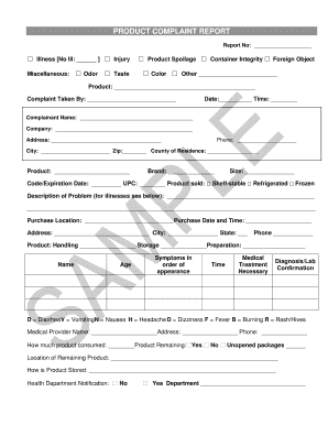 Sample Product Complaint Report Form PDF Cdph Ca