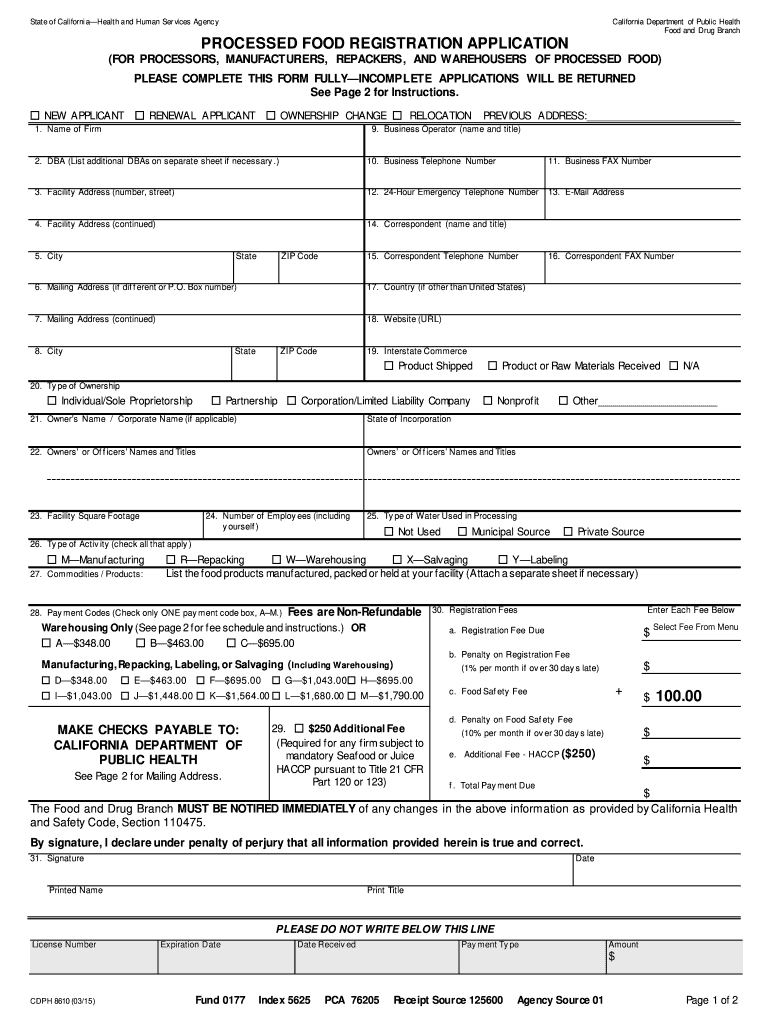  CDPH 8610 PFR North App 0609 Formcodes  Cdph Ca 2015