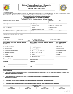 Alabama State Department of Education Health Assessment Record  Form