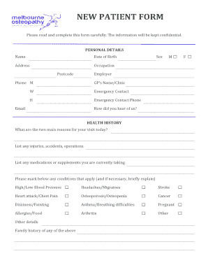 New Patient Form Myotherapy Melbourne Osteopathy Sports