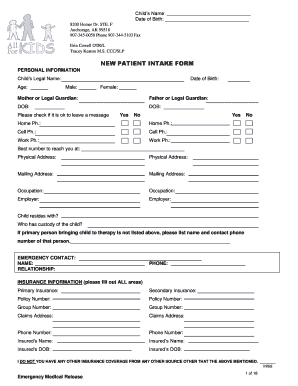 NEW PATIENT INTAKE FORM All for Kids Pediatric Therapy