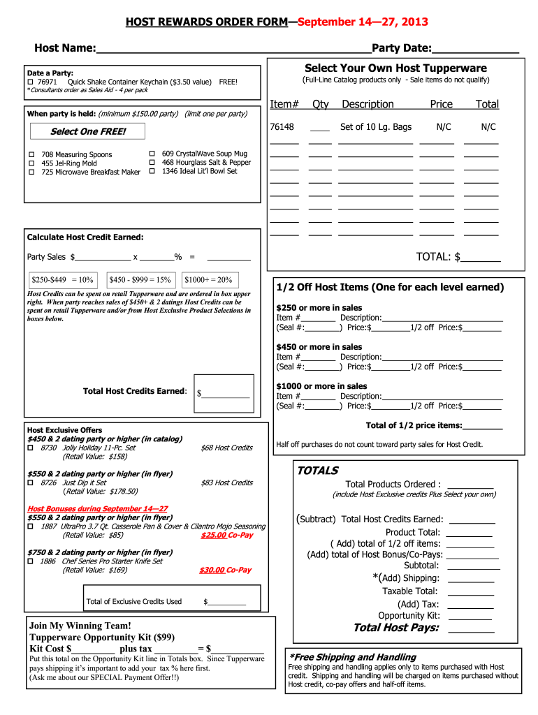 tupperware order form template