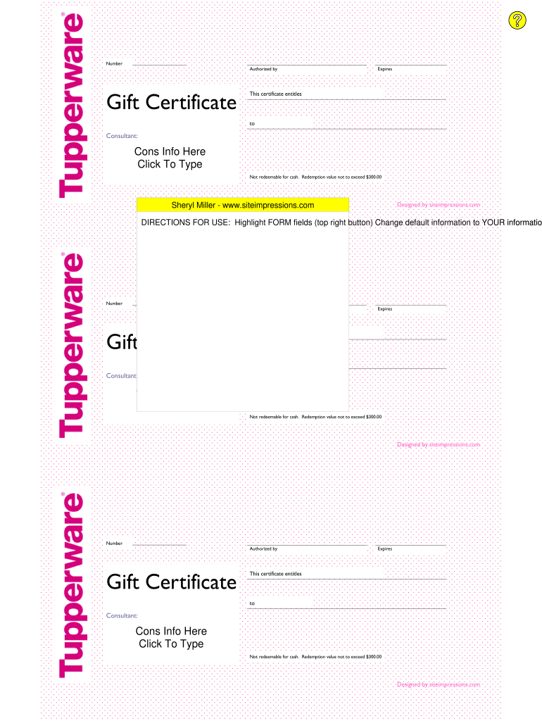 Tupperware Gift Certificate  Form