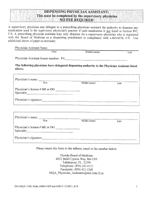 Physician Assistant Dispensing Form Florida Board of Medicine