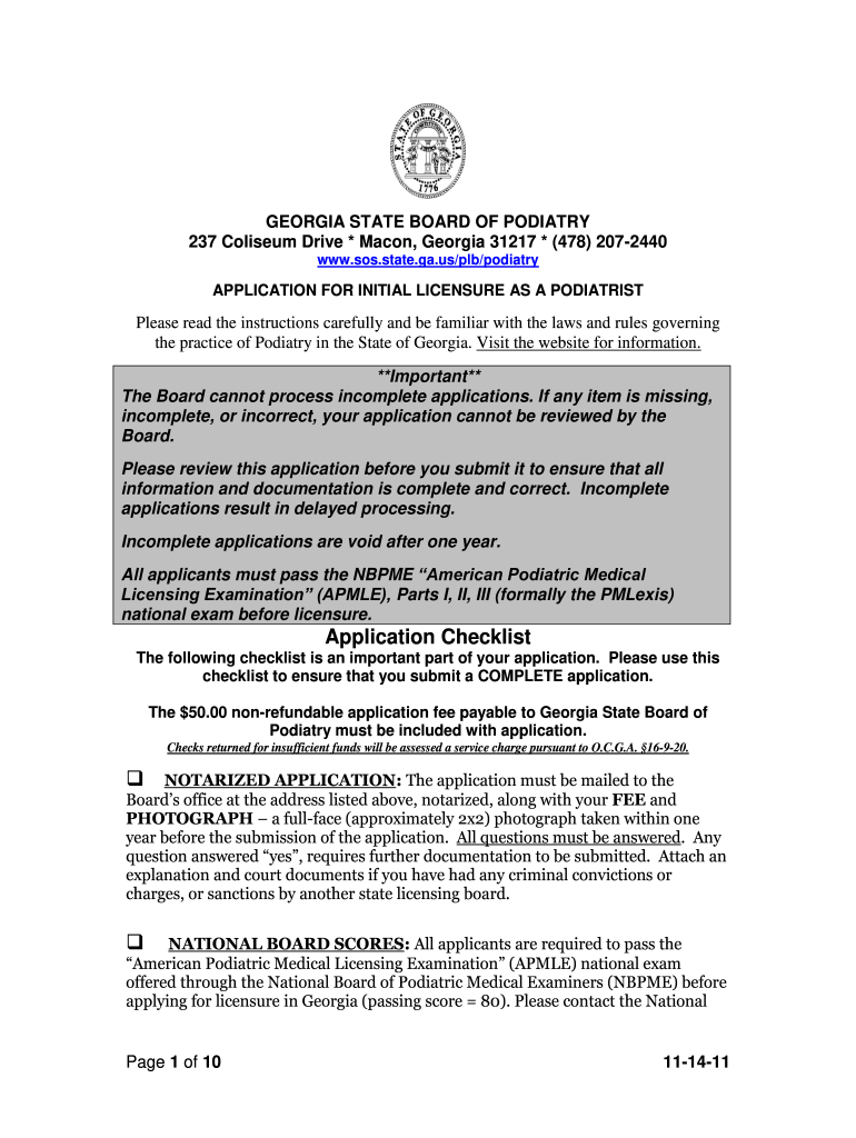  Georgia Podiatry License 2011-2024