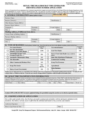 Application for Retail Tire DealerScrap Tire Generator Identification  Form