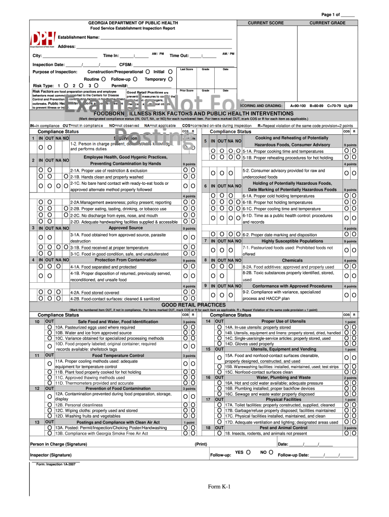 K 1 Food Service Inspection Form Georgia Department of Public