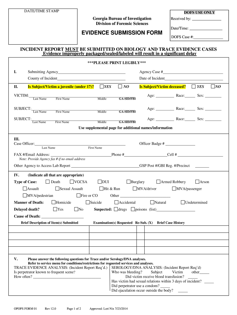  DOFS Evidence Submission Form Georgia Bureau of Investigation 2014