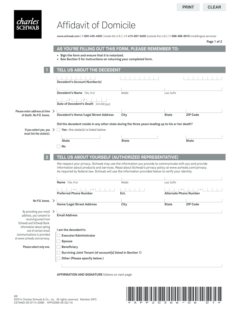 Schwab Affidavit of Domicile  Form