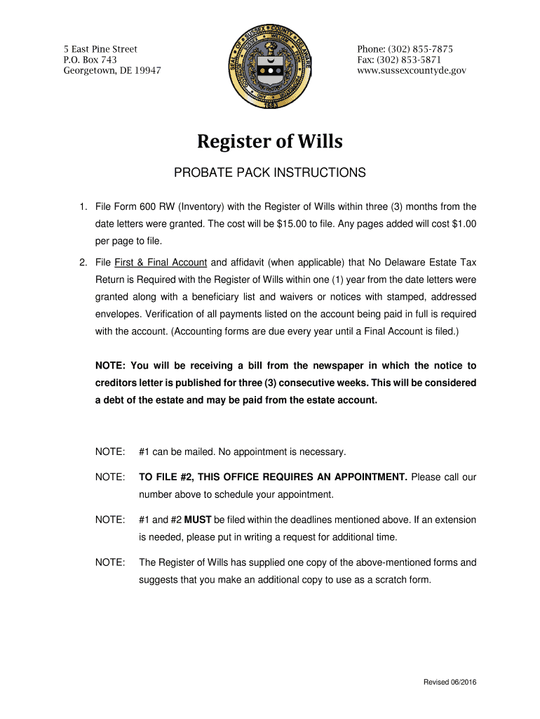 Get and Sign Register of Wills Sussex County Delaware Forms 