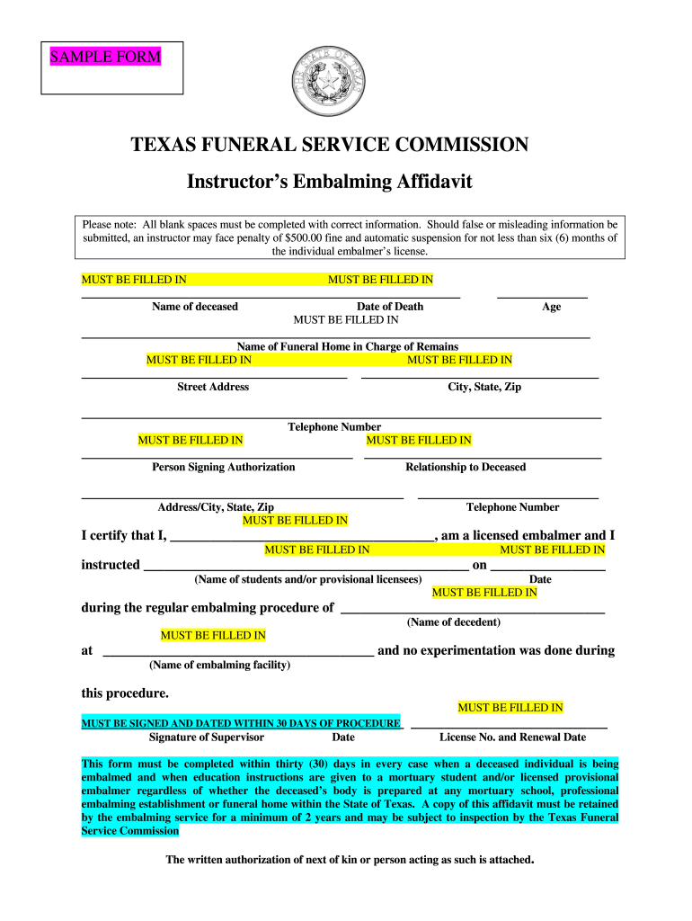 Embalmers Affidavit  Form