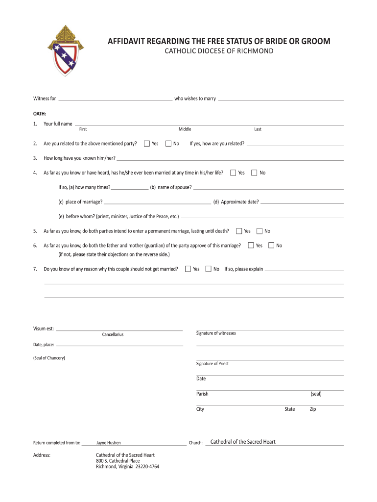 Affidavit Regarding the Status of Bride or Groom Catholic Diocese Richmond  Form