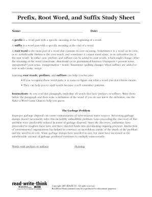 Prefix Root Word and Suffix Study Sheet Answer Key  Form