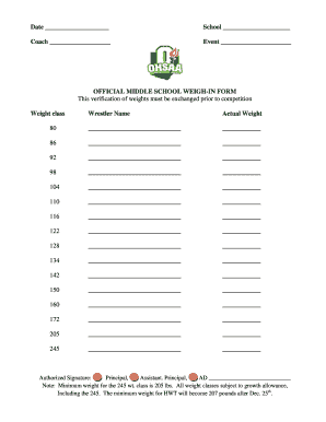 OFFICIAL MIDDLE SCHOOL WEIGH in FORM Ohsaa