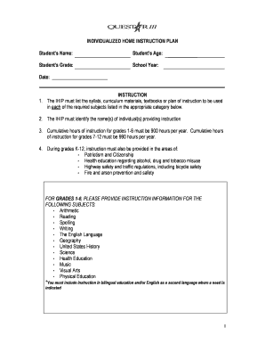 Individualized Home Instruction Questar III Questar  Form