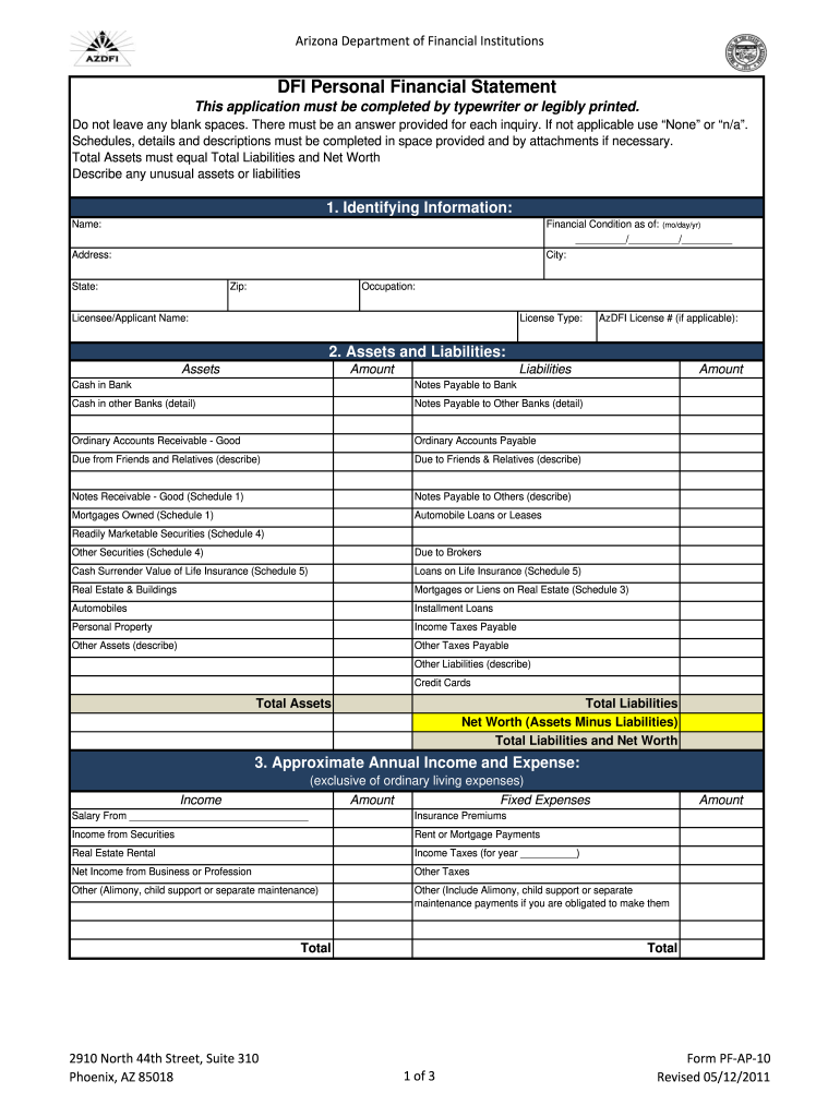  DFI Personal Financial Statement Arizona Department of Financial Azdfi 2011