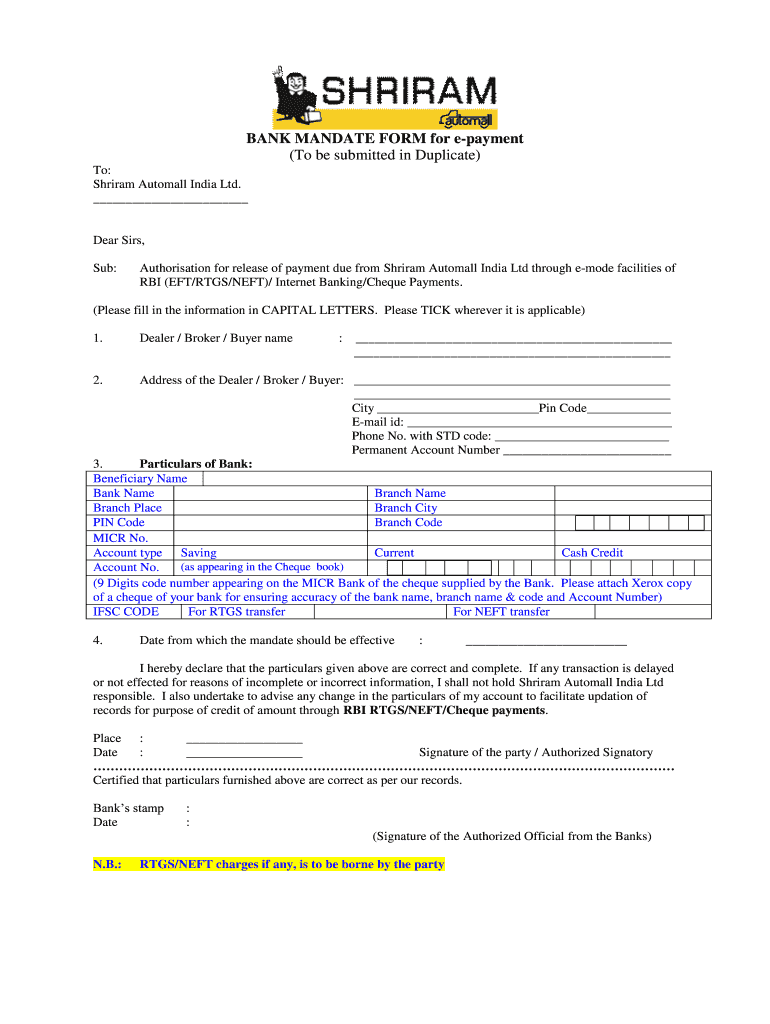 Bank Mandate Form for E Payment