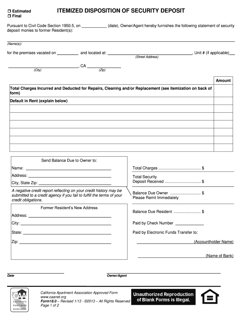  California Security Deposit Itemization Form 2013-2024