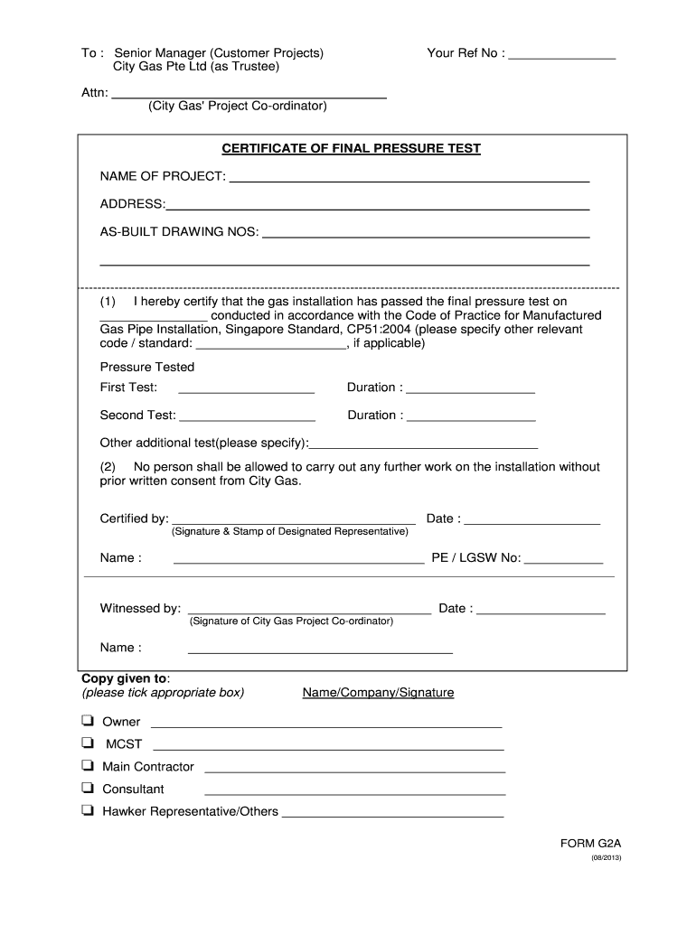  Form G2A Certificate of Final Pressure Test  City Gas 2013-2024