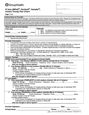 IV Iron , , Infusion Therapy Plan Orders Review Orders and Note Changes; Fax Completed Order Form to the Infusion Center Where T