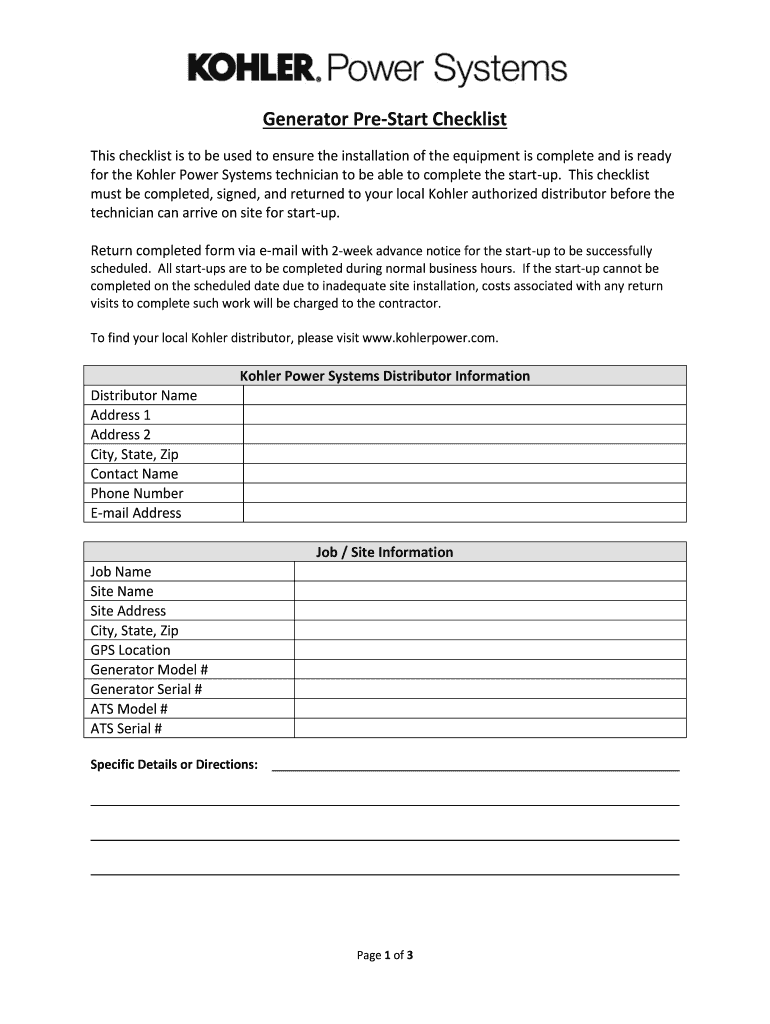 Generator Pre Start Checklist  Form