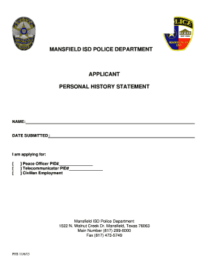 Police Officer Personal History Statement Mansfield Independent Mansfieldisd  Form