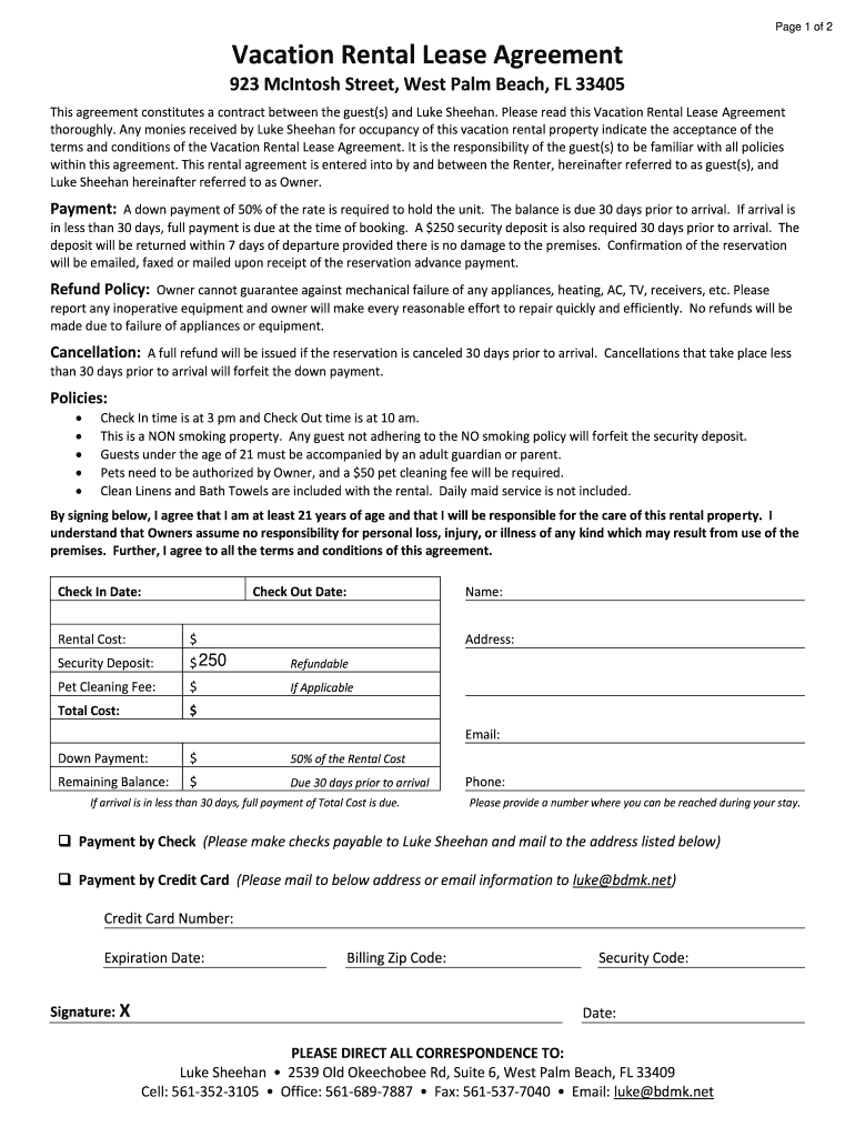 Vacation Rental Lease Agreement FLVACA Com  Form