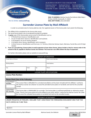 Surrender License Plate by Mail Affidavit Alachua County Tax Actcfl  Form