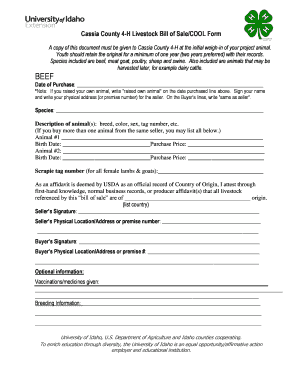 Cassia County 4 H Livestock Bill of SaleCOOL Form University of Extension Uidaho