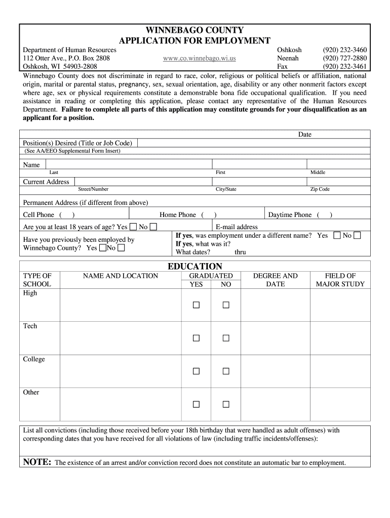 WINNEBAGO COUNTY APPLICATION for EMPLOYMENT    Co Winnebago Wi  Form