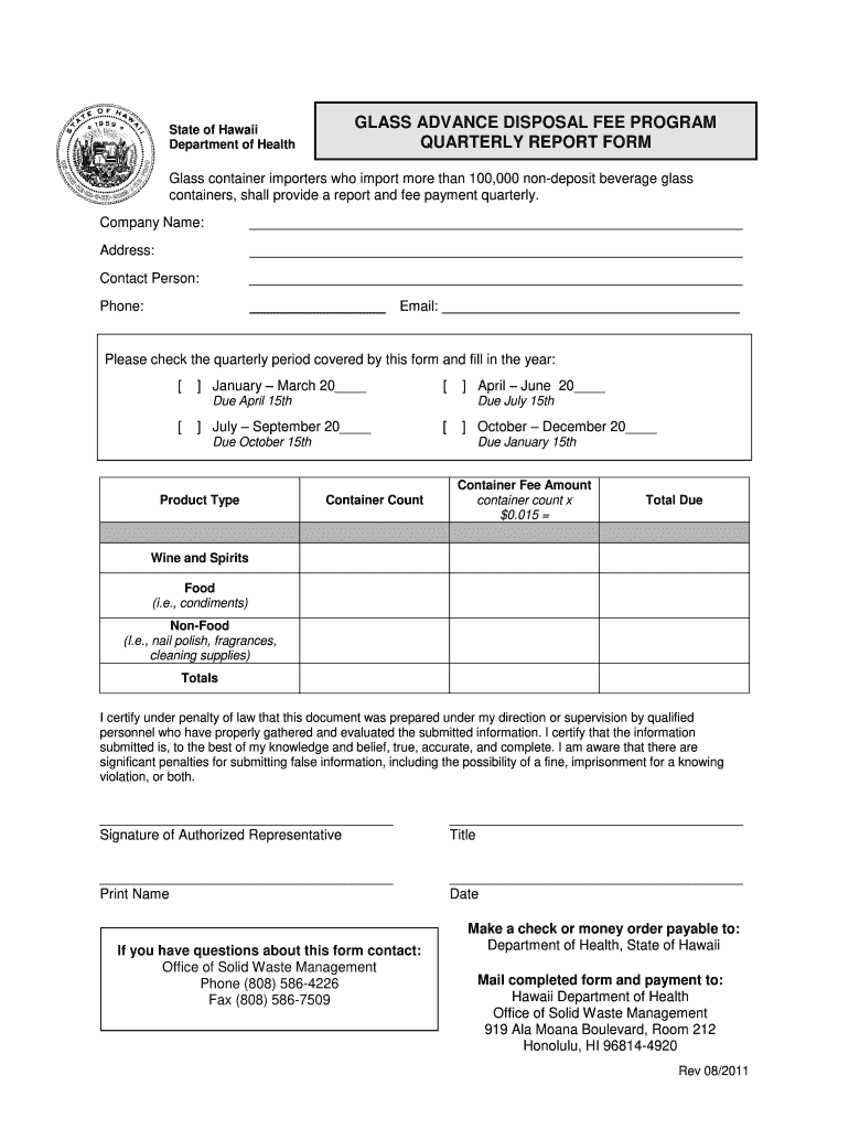  Glass Advance Disposal Fee Program Quarterly Report Form  Hawaii 2011-2024