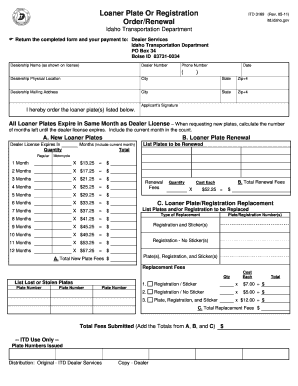 Idaho Loaner Plate or Registration OrderRenewal Itd Idaho  Form