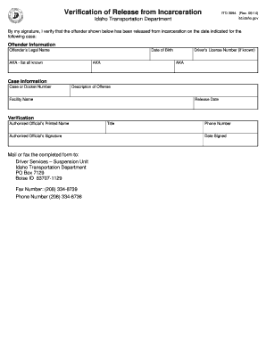 Verification of Release from Incarceration Idaho Transportation Itd Idaho  Form