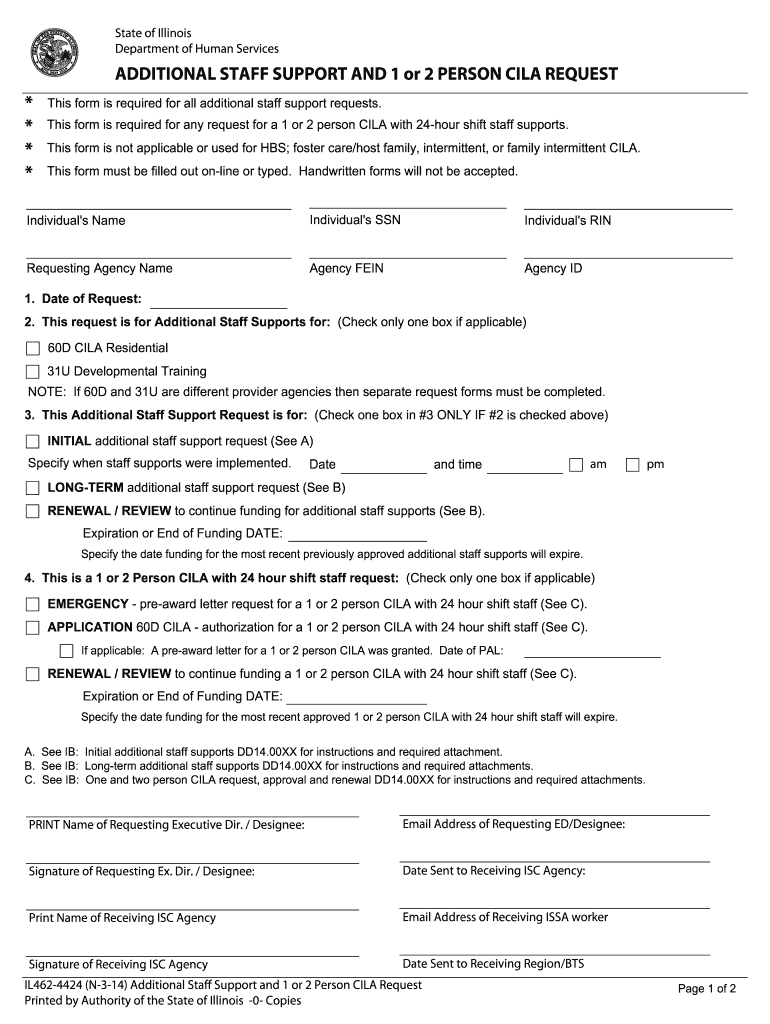  ADDITIONAL STAFF SUPPORT and 1 or 2 PERSON CILA REQUEST Dhs State Il 2014