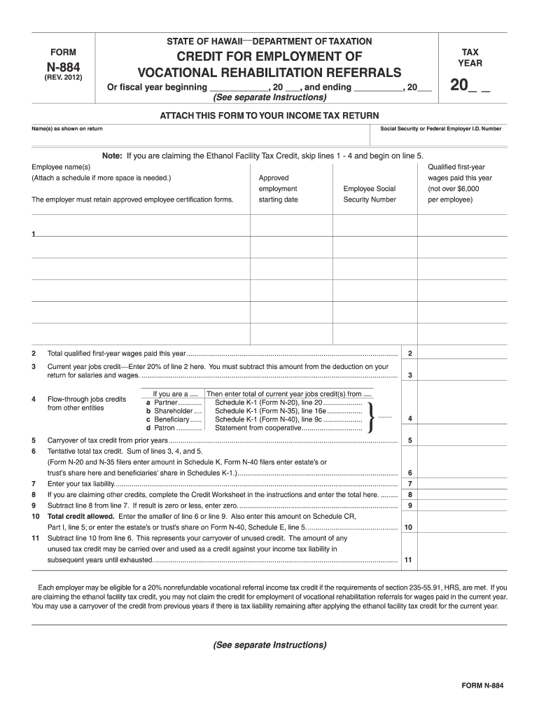  Form N 884, Rev  Credit for Employment of    Hawaii Gov 2012