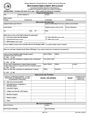 DNR Non Career Employment Application State of Michigan Michigan  Form
