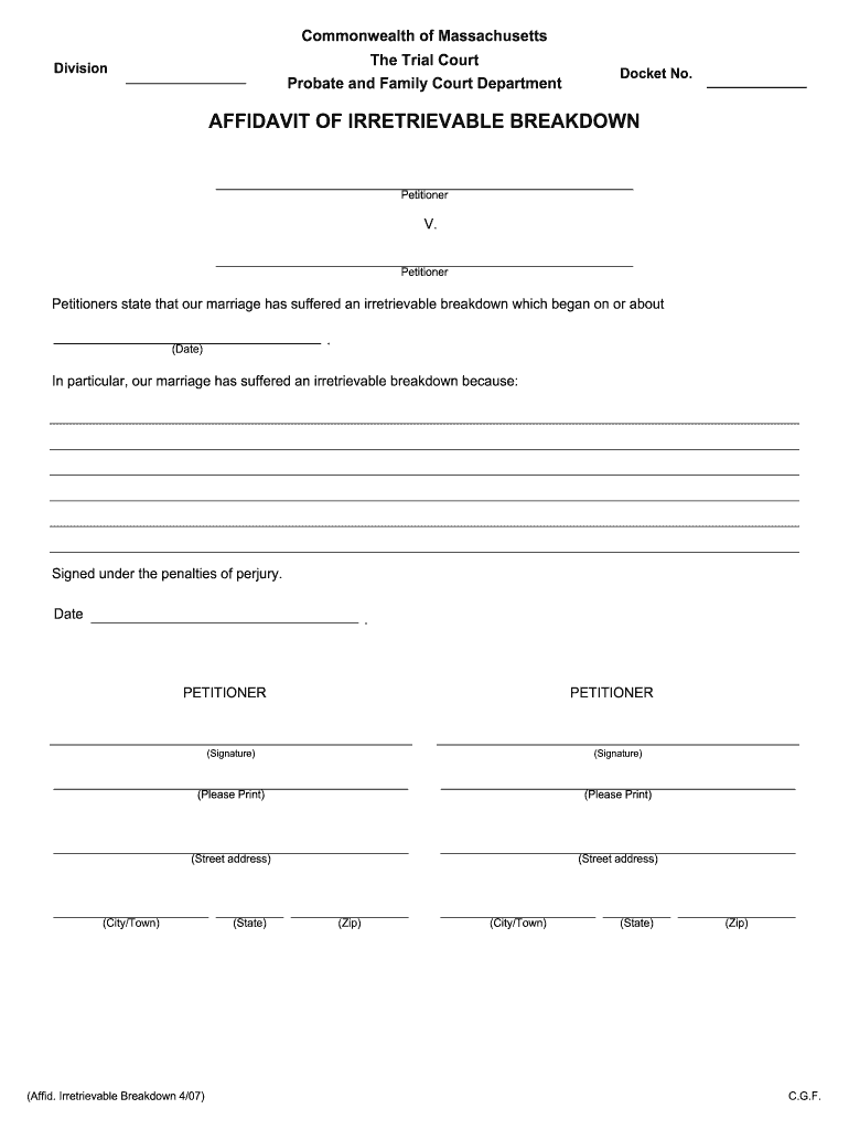  Affidavit of Irretrievable Breakdown of the Marriage Ma 2007-2024