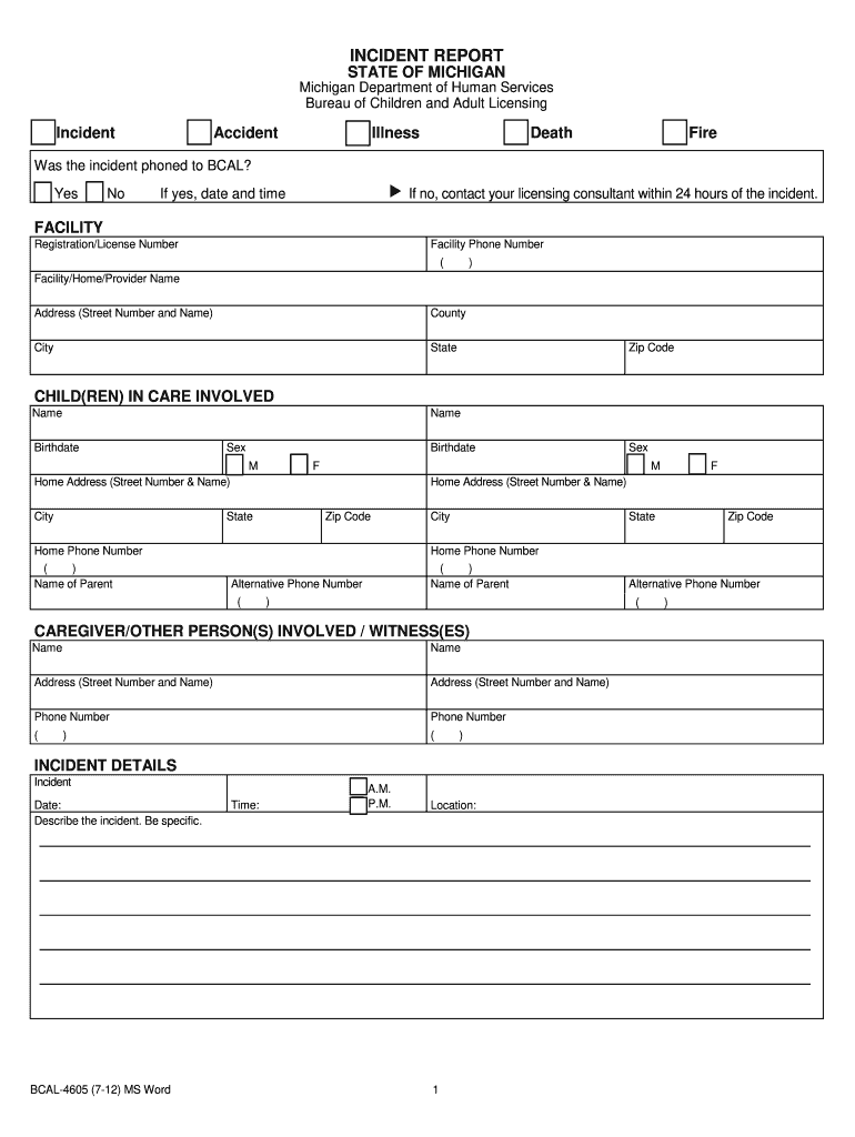 Accident Incident State of Michigan Report Bcal  Form