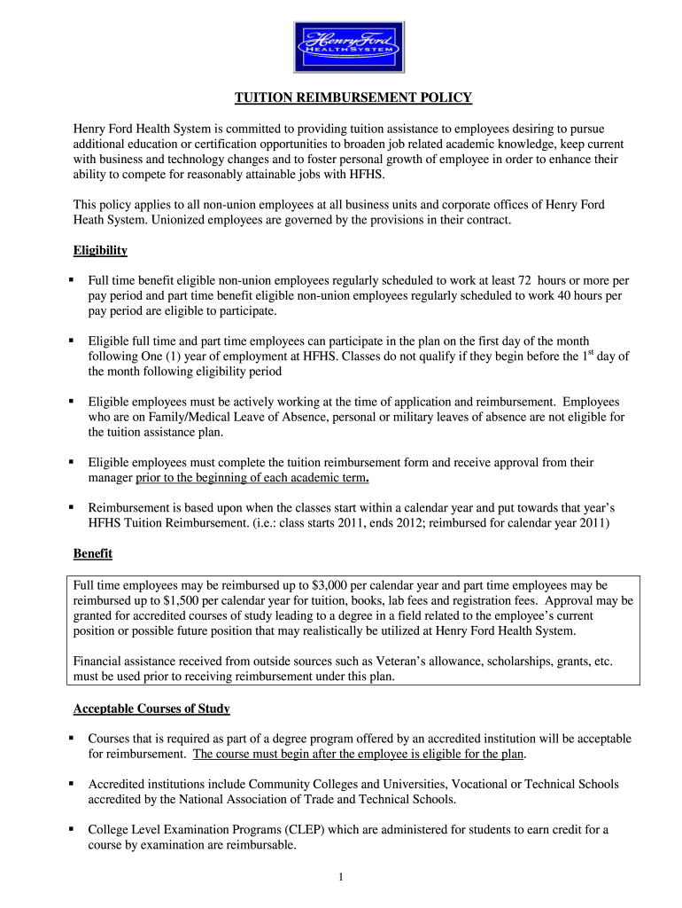 Henry Ford Hospital Tuition Reimbursement  Form