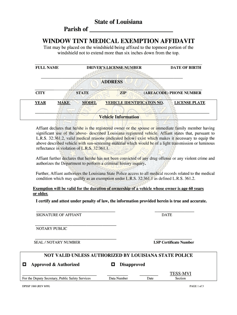Get and Sign Louisiana Tint Exemption Form 2009-2022