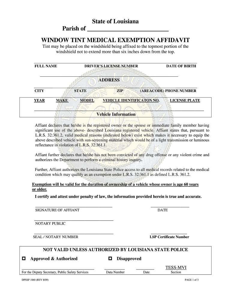  Louisiana Tint Exemption Form 2009-2024